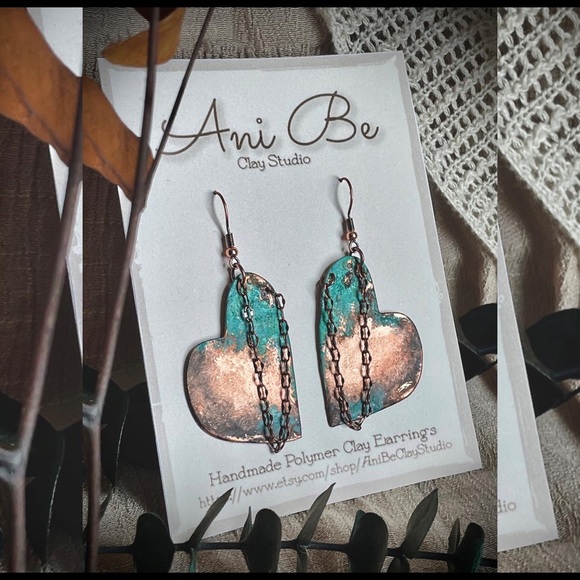 Ani Be Clay Studio Jewelry - Copper Patina Abstract Heart Earrings